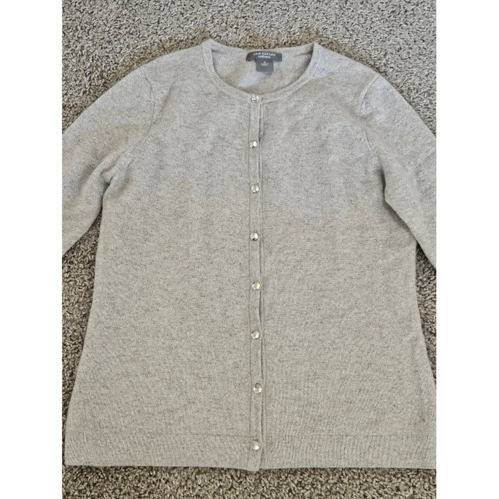 Ann Taylor Cashmere Metallic Shimmer Cardigan Gray Rhinestone Button Medium - Picture 2 of 8
